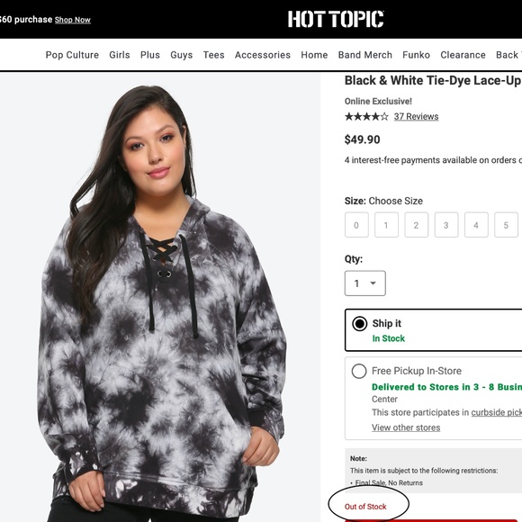 Hot Topic Black & White Tie-Dye Lace-Up Hoodie - Size 1X - Picture 6 of 6
